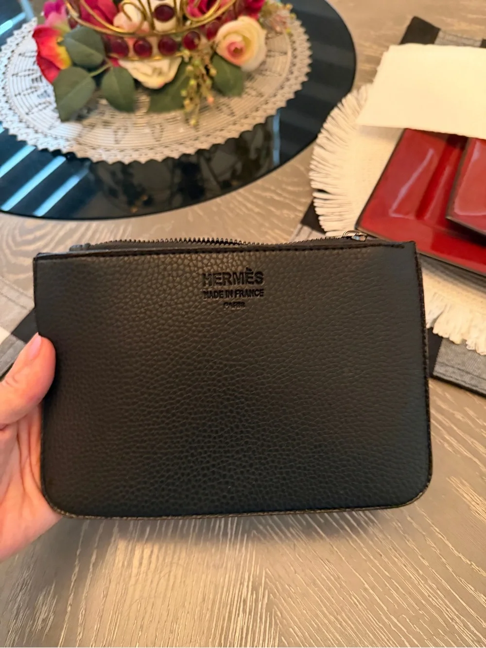 Hermès Black Pebbled Leather Zip Pouch